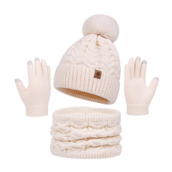 3Pcs/Set Women Winter Hat Scarf Gloves Set Twist Texture Plush Ball Decor Brimless Hat Scarf Touchscreen Glove Set