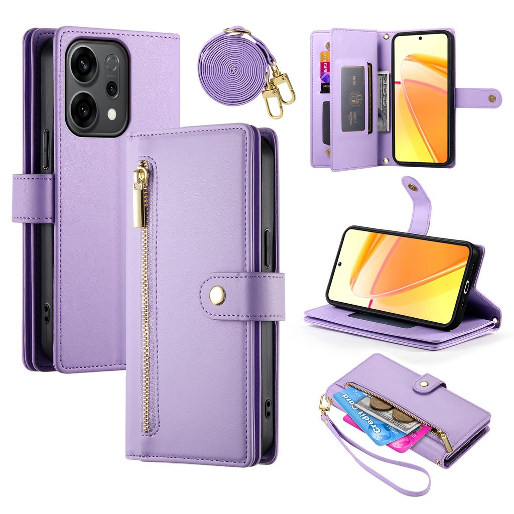 For Oppo Reno14 5G (Global) Case Zipper Pocket Wallet Leather Phone Cover with Straps