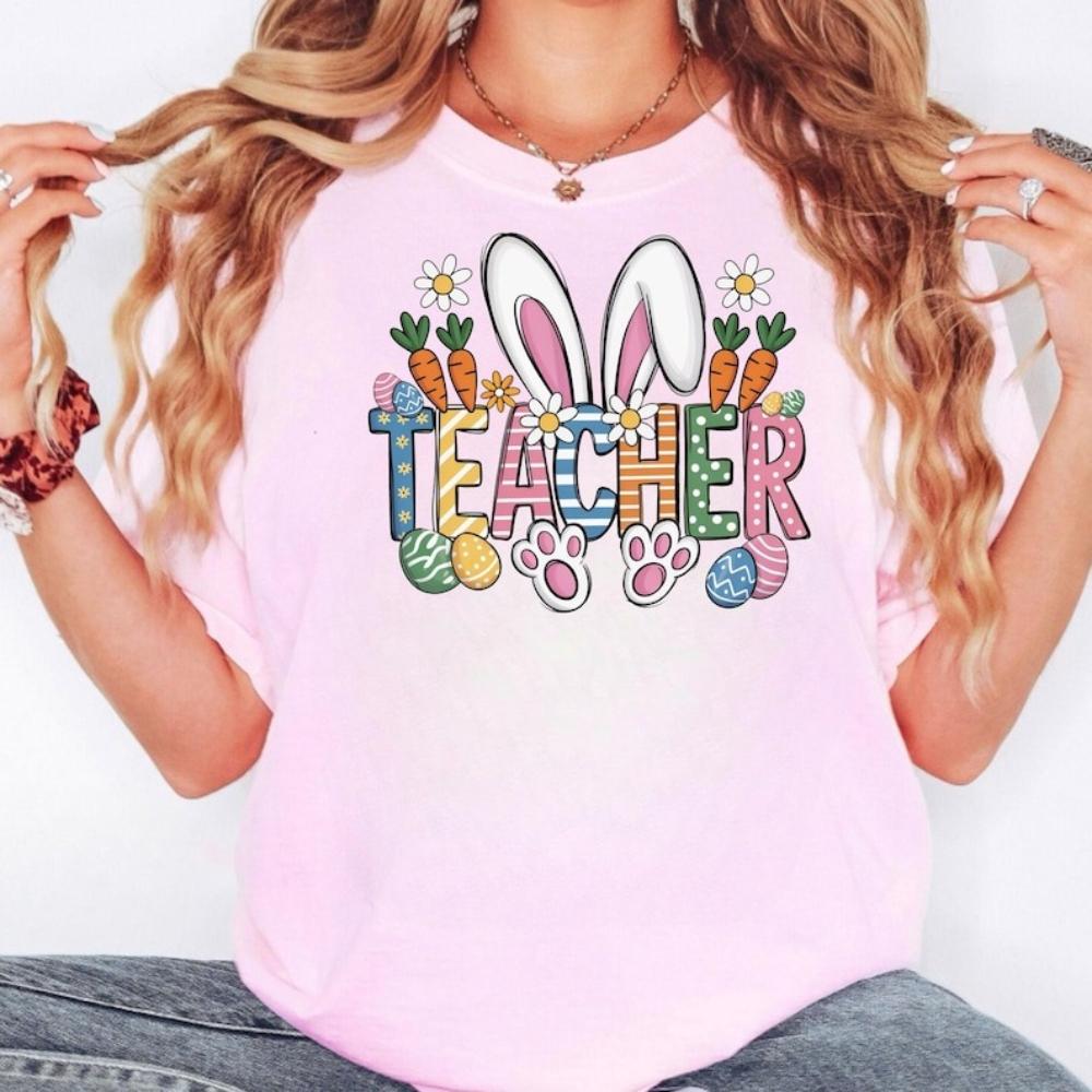 

Easter Teacher Bunny School Coquette Bow Printed TShirt Women Unisex Casual Cotton T Shirts Creative Streetwear Tops Tee Aesthetic S
