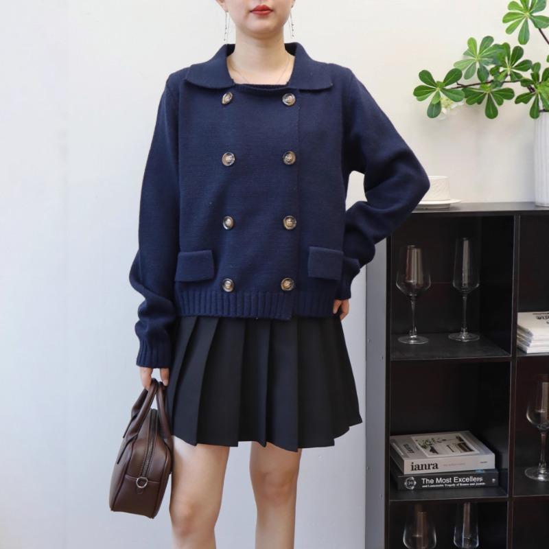 Premium lapel double-breasted sweater jacket women's autumn and winter new retro loose solid color knitted cardigan