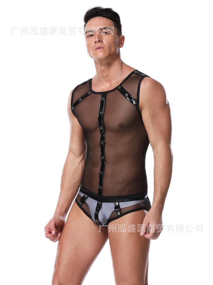 Male Servant Role Play Sexy Black Mesh Costume Medh See Through Erotic Bodysuit Lingerie Set Cosplay Uniform Role Play Clubwear