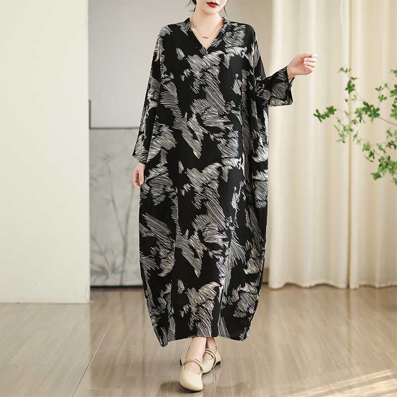 Colorful Travel V-neck Retro Long Skirt Cotton Linen Dress