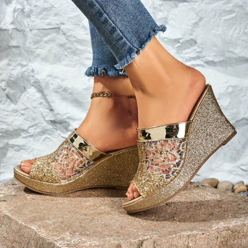 Women'S Elegant Slip-On Wedge Sandals with Glittery Sequin Lace Detail, Open-Toe Platform Heel & PU Cover Upper - Versatile Casual To Formal Shoes