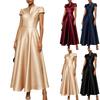 Rochie de seară formală pentru femei, cu decolteu în V, mânecă scurtă, din satin, cambrată în talie, cu fustă lungă evazată