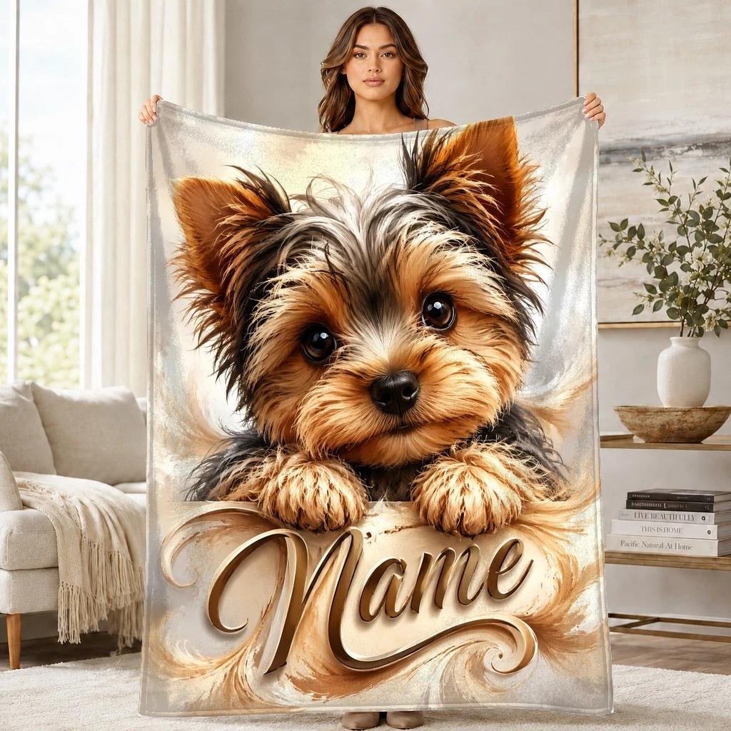 Yorkie Puppy Name Text Coral Fleece Blanket Dog Lover Decor
