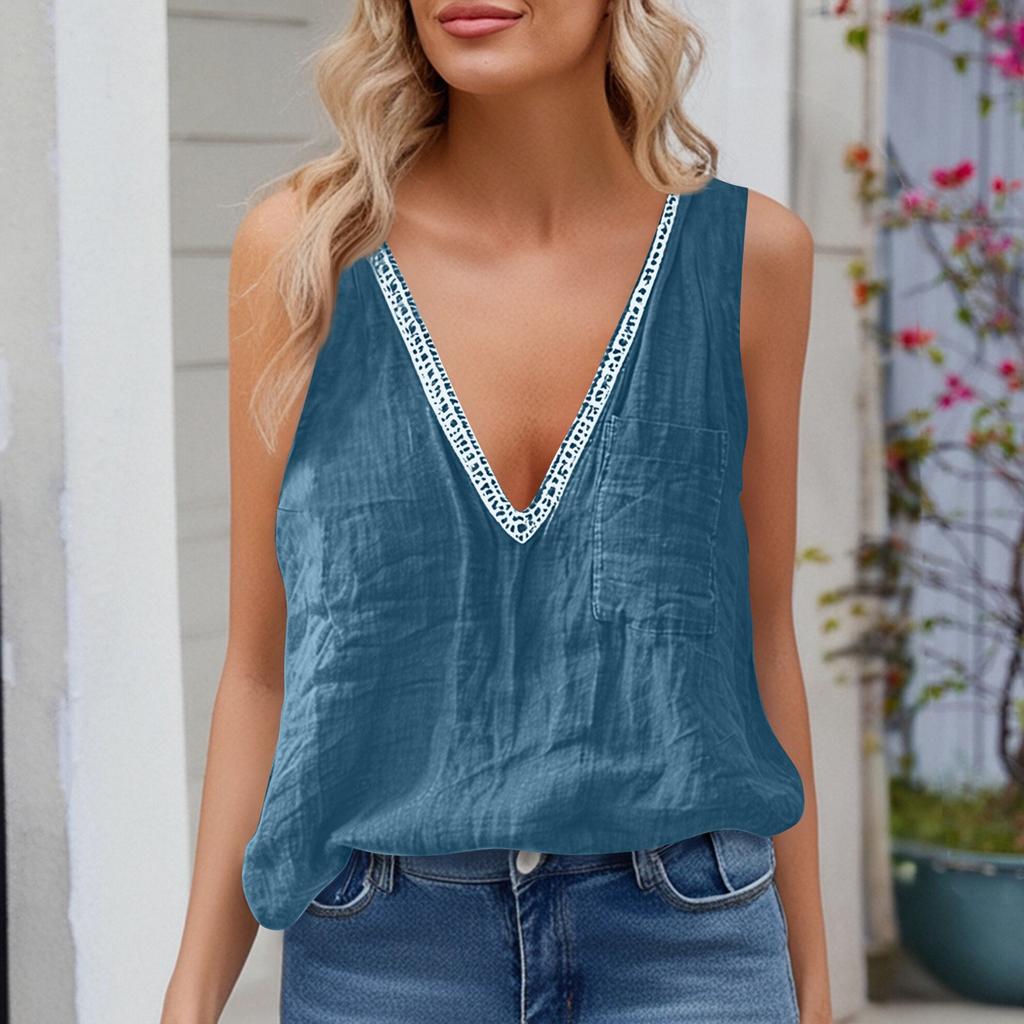 Women's Fashionable Sleeveless Cotton Linen Color V Neck Pocket Casual Loose Vest Top
