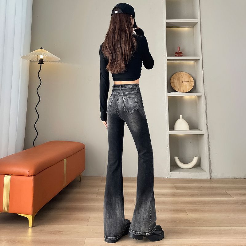 Gradient Black Grey Flared Jeans for Women In Spring and Autumn New High-waist Stretch-slim Hot Girl Horseshoe Floor Pants