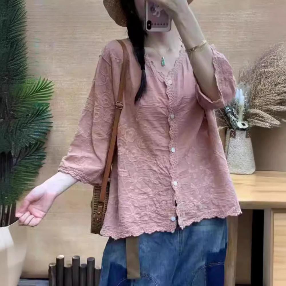 Niche Solid Color Casual Versatile Flower Embroidered Single-breasted Top Summer Thin Literary Shirt