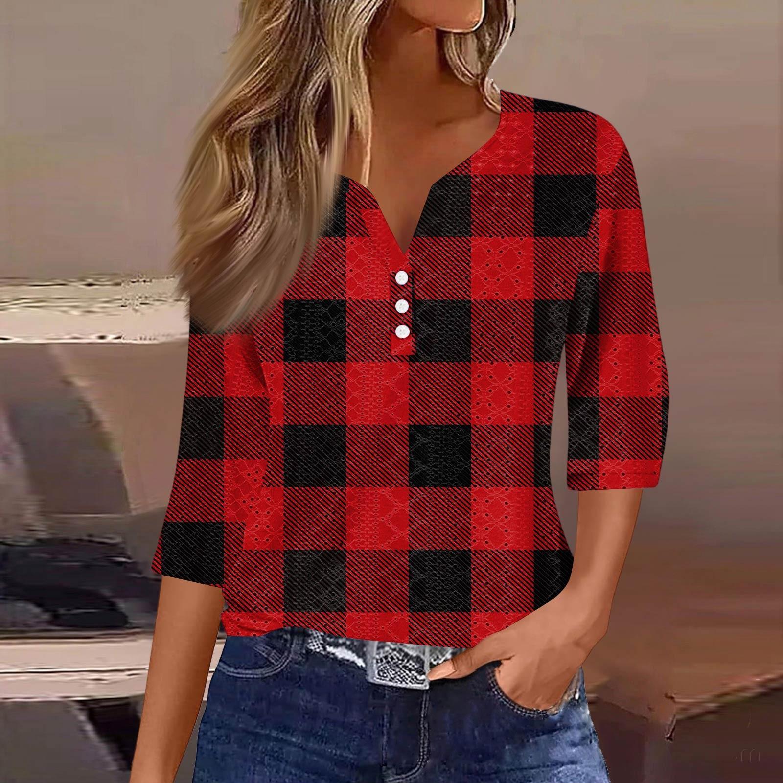 

Женская модная футболка с V-образным вырезом, пуговицами, рукавами семь, повседневная полосатая клетчатая футболка с принтом XL красный
