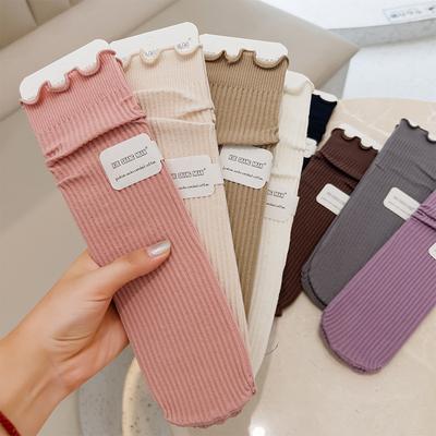 Female Spring and Autumn Solid Color Lace In The Tube Cotton Socks