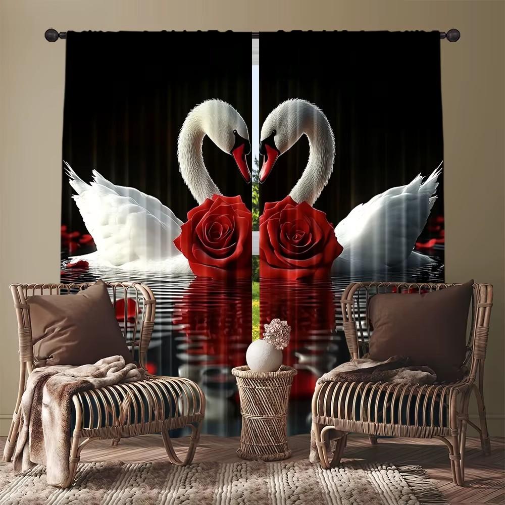 Romantic Swan Red Rose Print Curtains Flat Perfect Valentine Day Bedroom Living Room Window Decoratio Set Of 2 Made Polyester Great Decor