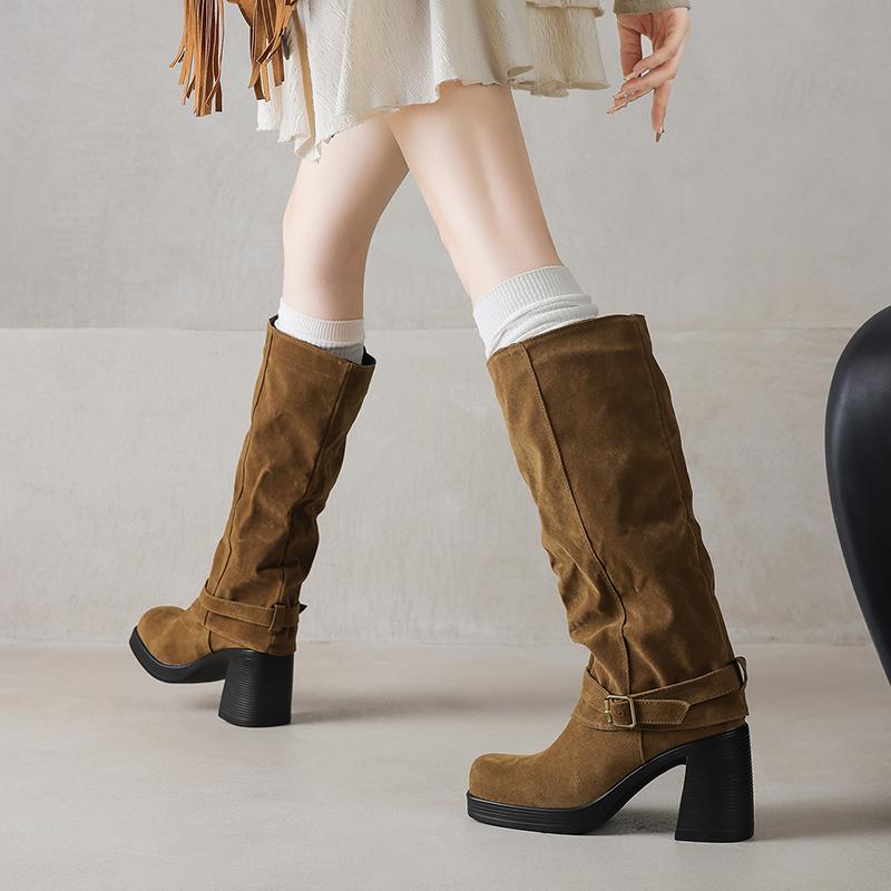 Women's High-heeled Boots Autumn and Winter New Sexy Temperament Thick Heel Square Head Large Size Medium Boots