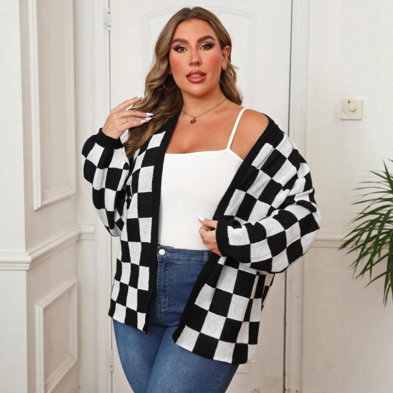 Damen S Übergröße Schachbrettmuster Farbblock Locker gestrickter Cardigan