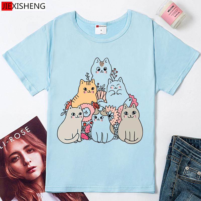 6 Cats Funny Cartoon Graphics Print Women T Shirt Ladies Short Sleeve O-Neck T-Shirt 5 Colors Harajuku Tee Shirt