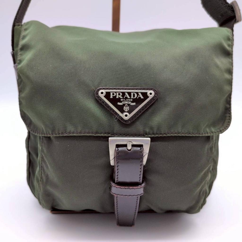 PRADA Tessuto Nylon Shoulder Messenger Bag Crossbody Khaki Dark Green Triangle Logo Plate