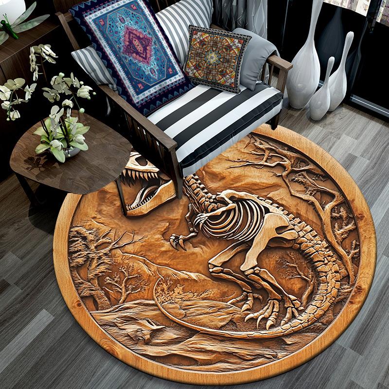 Dinosaur Fossil Relief Round Area Rug,Carpet Rug for Living Room Bedroom Sofa Playroom Decor,Non-slip Floor Mat