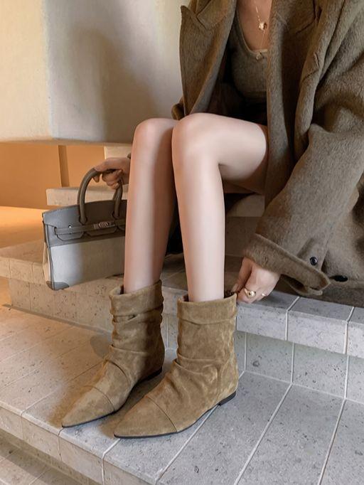 Inner height increase~ retro suede short boots women's autumn and winter new pointed pile boots temperament knight boots