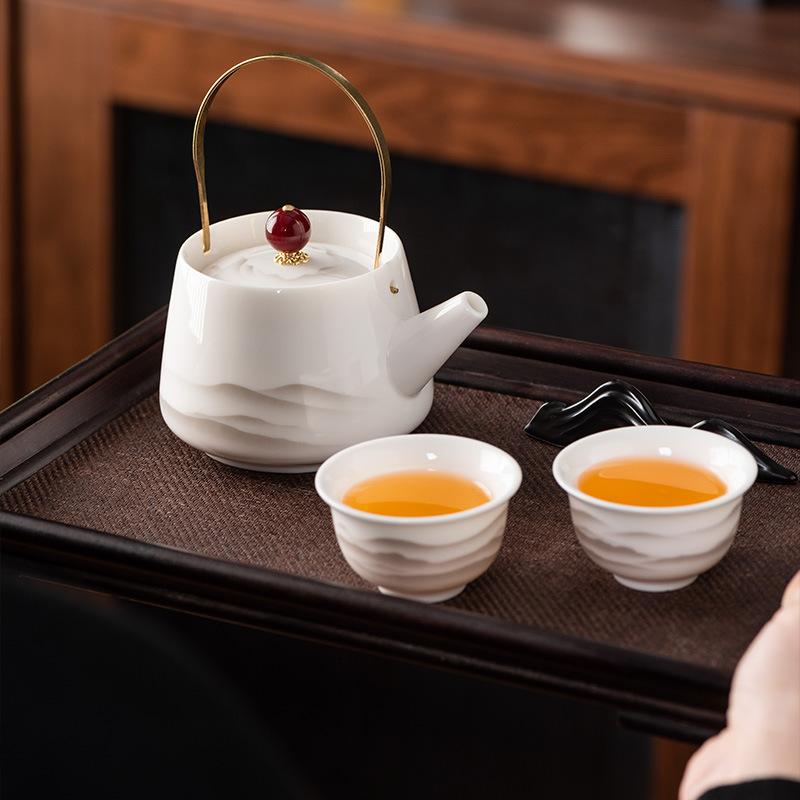 Beam Pot One Pot and Two Cups Suet Jade Porcelain Light Luxury Kung Fu Tea Set Kuaike Cup High-end Brocade Box Gift Box