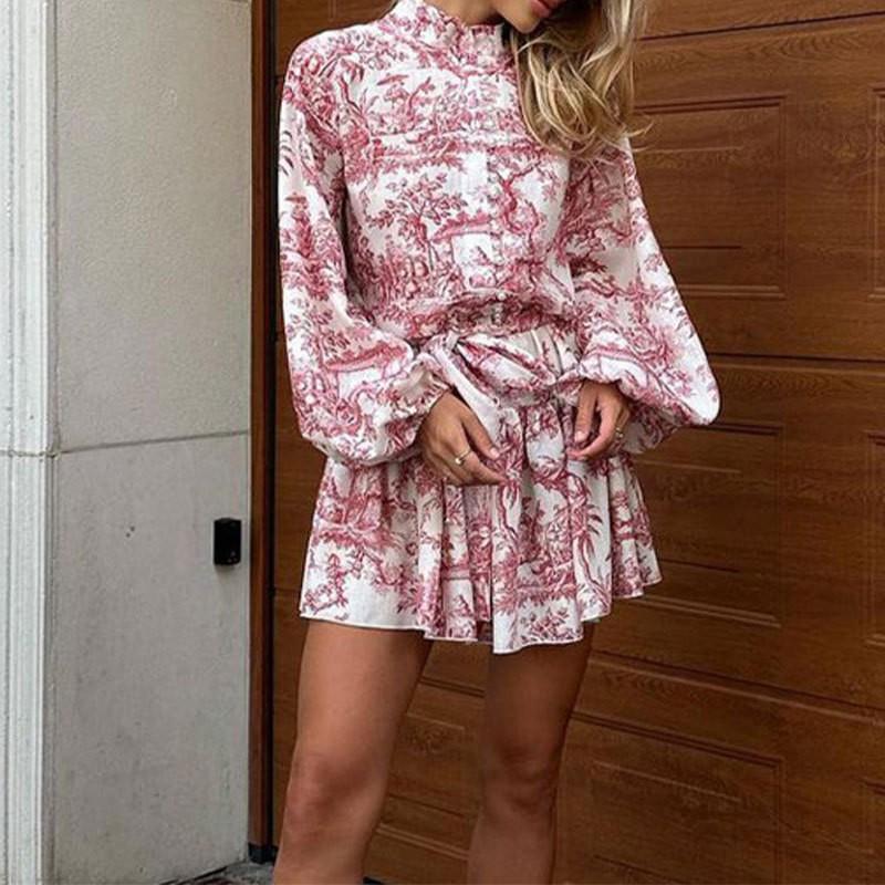European American Women s Dress Courty-style Printed Stand Collar Lace Lantern Sleeve 3XL