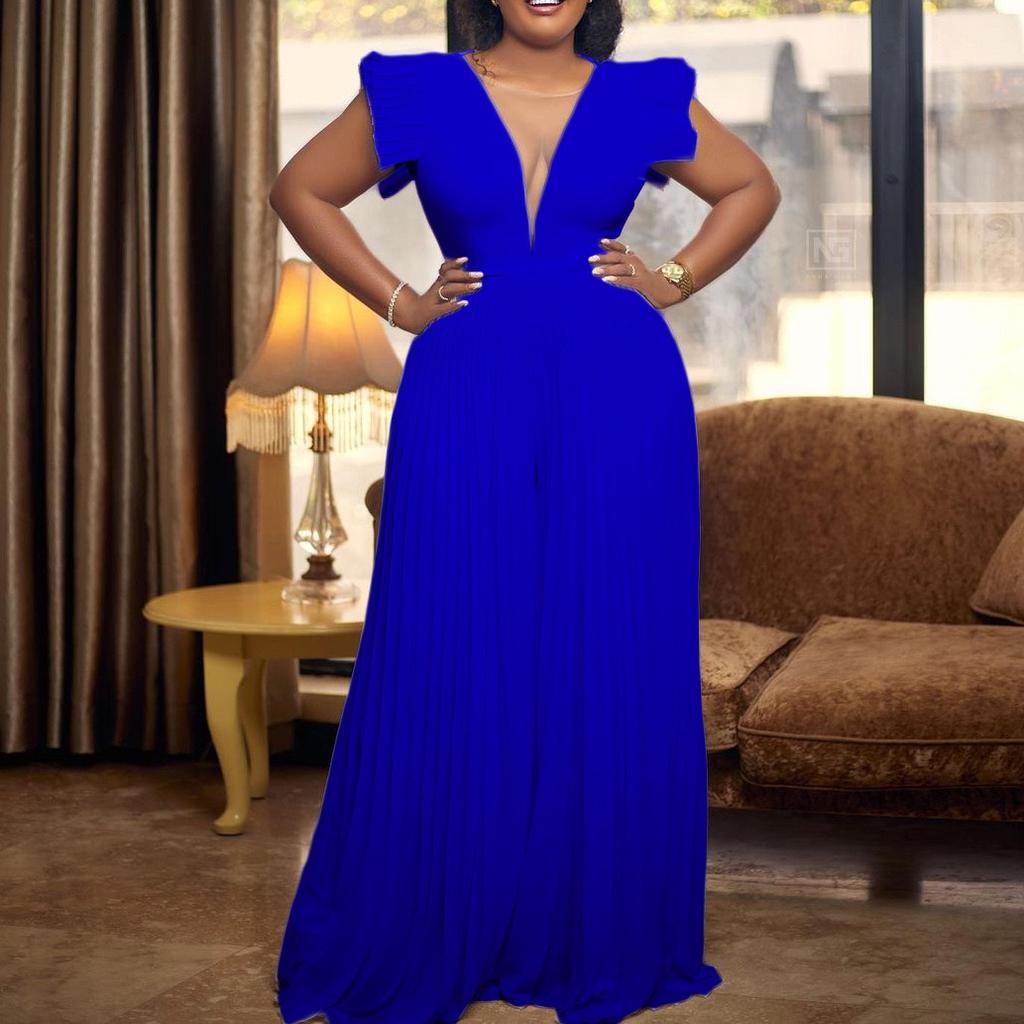 Summer Pleated Jumpsuits Rompers Women V Neck Ruffles High Waisted Loose Floor Length Luxury Female Party Romper