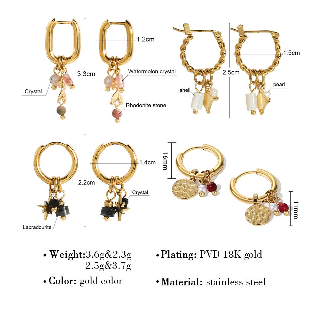 18K Gold Plated Stainless Steel Hoop Earrings for Women Natural Stone Pink Cute Charms Waterproof Jewelry