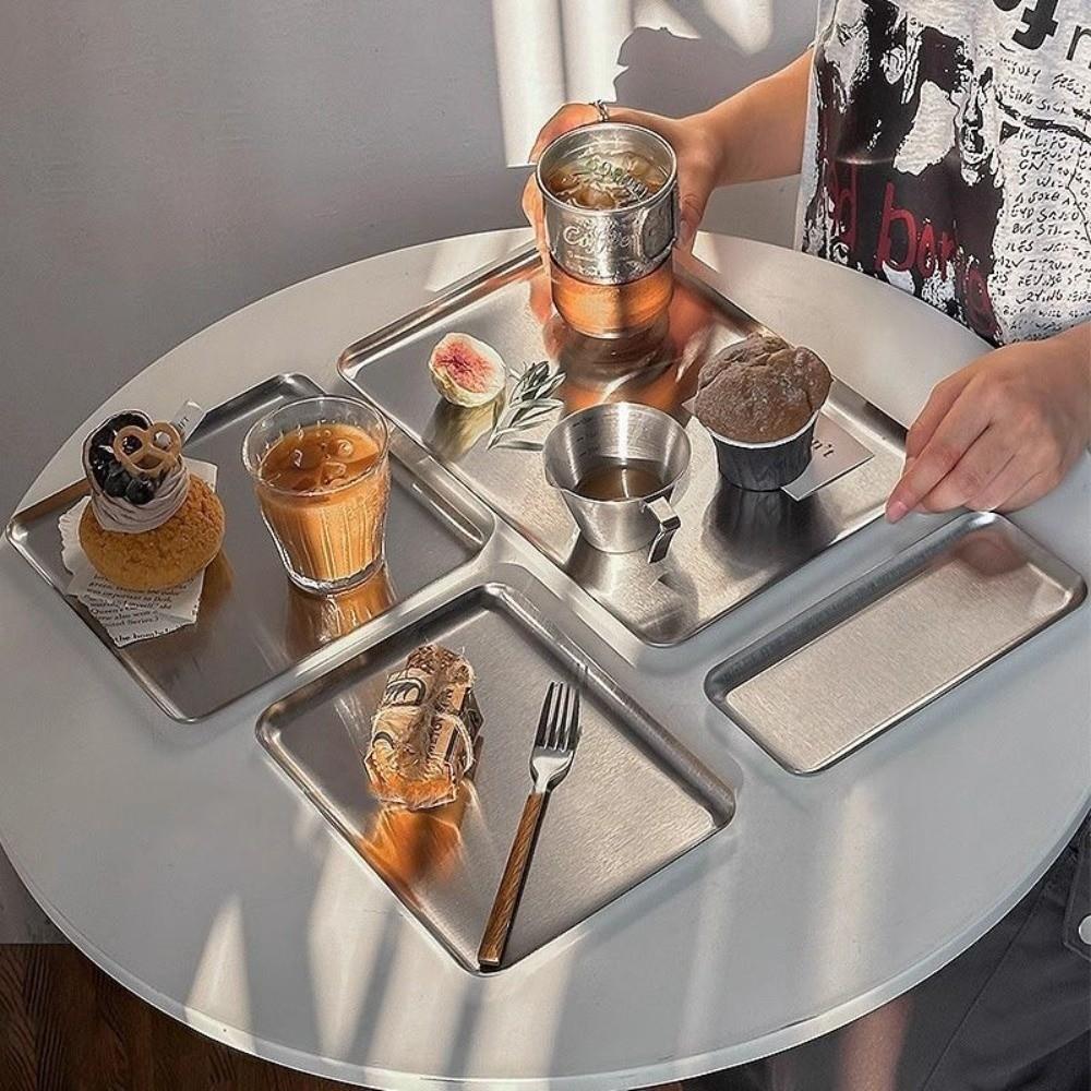 Nordic Stainless Steel Rectangular Plate Kitchen Storage Ins Korean Cake Dessert Plate Coffee Tray Kitchen