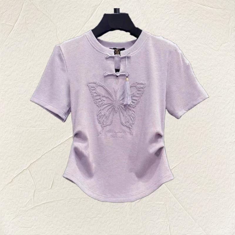 Beautiful Embroidery Button Tee Women's Short Sleeve Cotton Shirt
