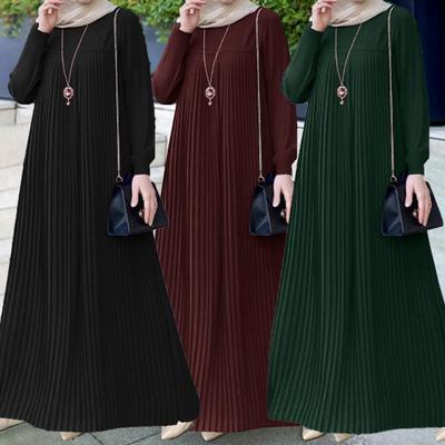 Muslim Women's Arabian Style Elegant Pleated Dress Solid Color Crewneck Long Sleeve Pleated Dress