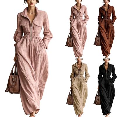 Women's Long Dress with Zipper Front, Lapel Collar and Elastic Waist for Everyday Wear
