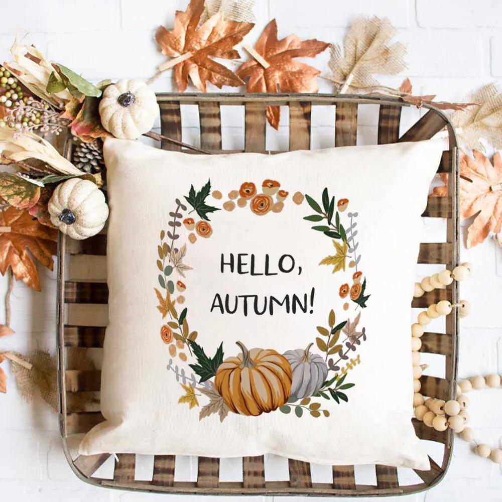 Hello Pumpkin Printed Pillow Case Autumn Party Decor Home Cushion Cover Fall Holiday Pillowcase Thanksgiving Halloween Best Gift