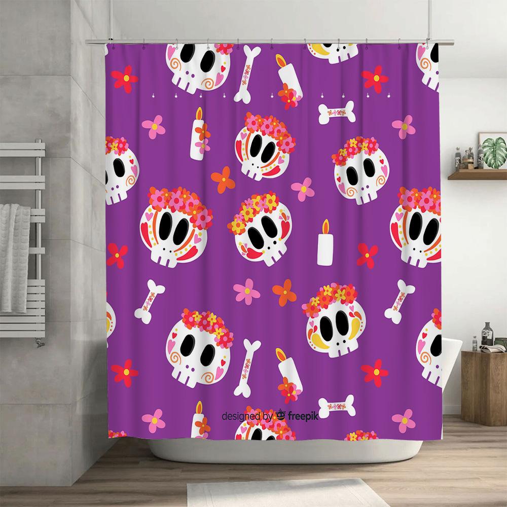 Vibrant Sugar Skull Shower Curtain Halloween Decor for Bathroom Waterproof Fabric Purple Background with Flowers Candles Perfect