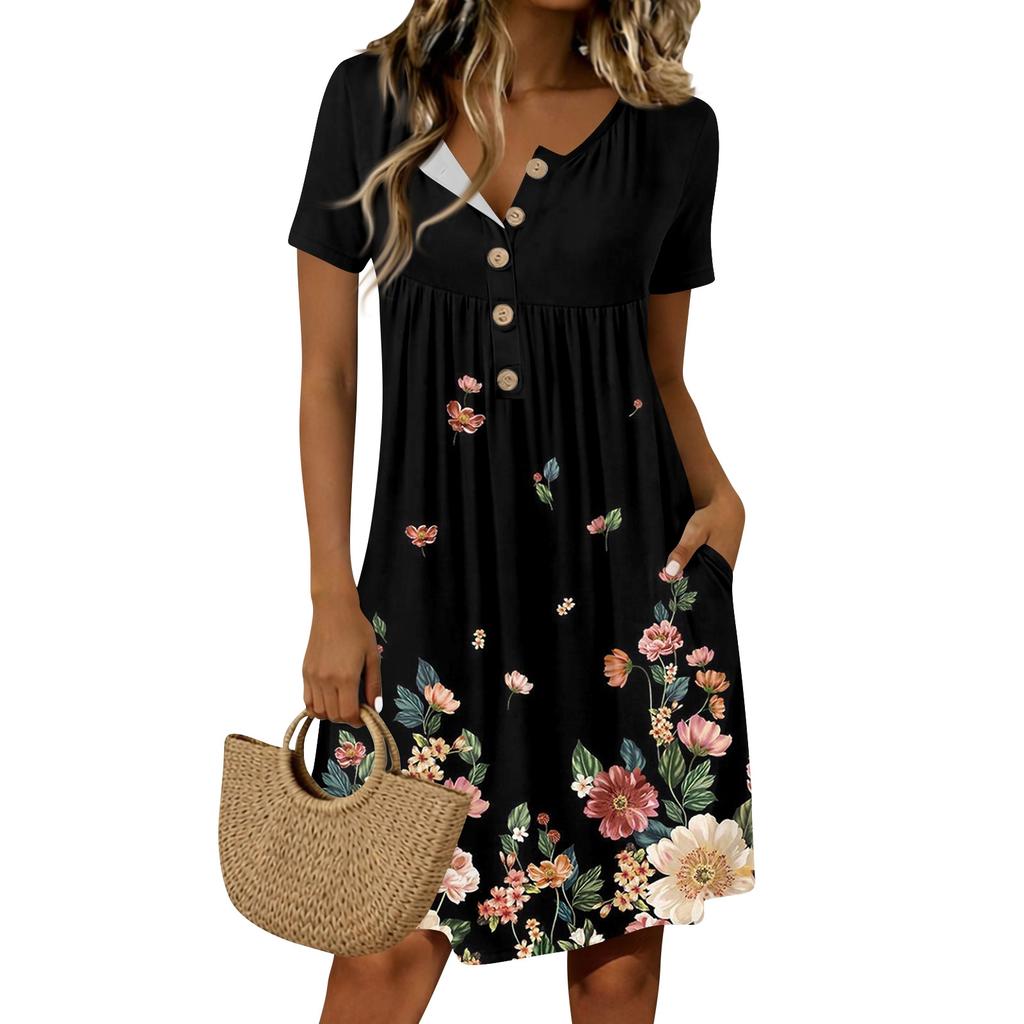 Women's Fashion Retro Print Round Neck Short Sleeve Buttoned Casual Dress
