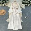 French Gentle Wind Horn Sleeve Three-dimensional Flower Embroidery Long-sleeved Dress Color High Waist Waist Thin A-shaped Skirt