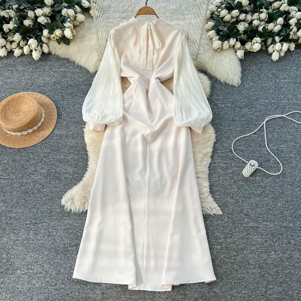 French Gentle Wind Horn Sleeve Three-dimensional Flower Embroidery Long-sleeved Dress Color High Waist Waist Thin A-shaped Skirt