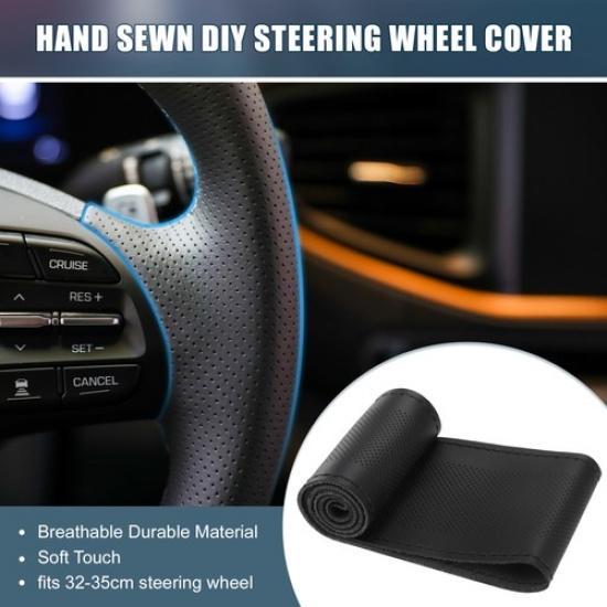 Car Hand Sewn DIY Steering Wheel Cover Set 32-35cm Microfiber Leather Black