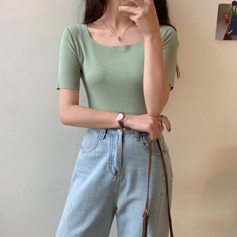 

Женский летний однотонный пуловер с короткими рукавами и квадратным вырезом, вязаный свитер OneSize зелёный