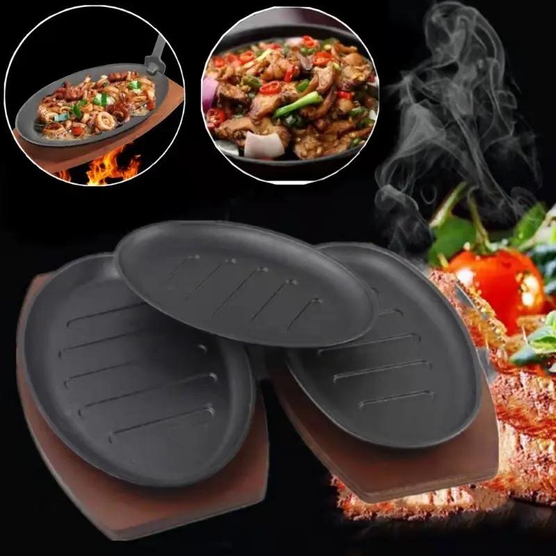 Bbq Grilled Plate Round Gousehold Baking Raosting Pan Wooden Tray Kitchen Pan Korean Cast Iron Barbecue Pot Fried Striped Steak