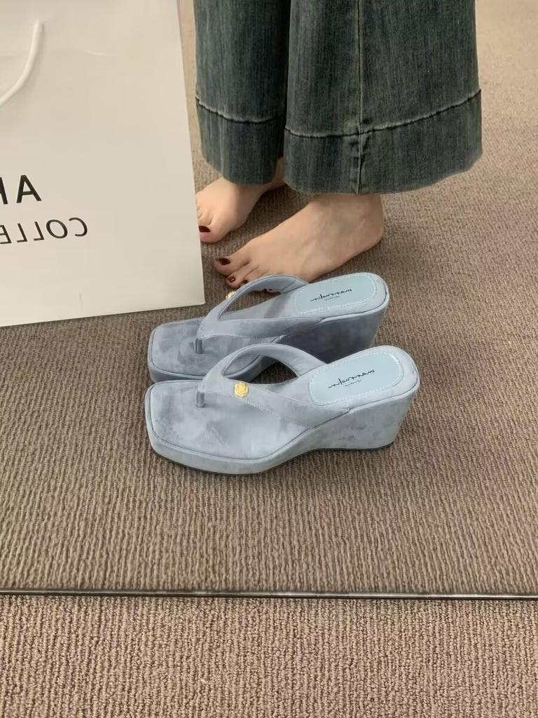 Fashion Fashion Square Clip Toe Platform Sandals Woman Chic Denim Wedge Flip Flops Ladies Summer Street Style Thick High Heel Slippers