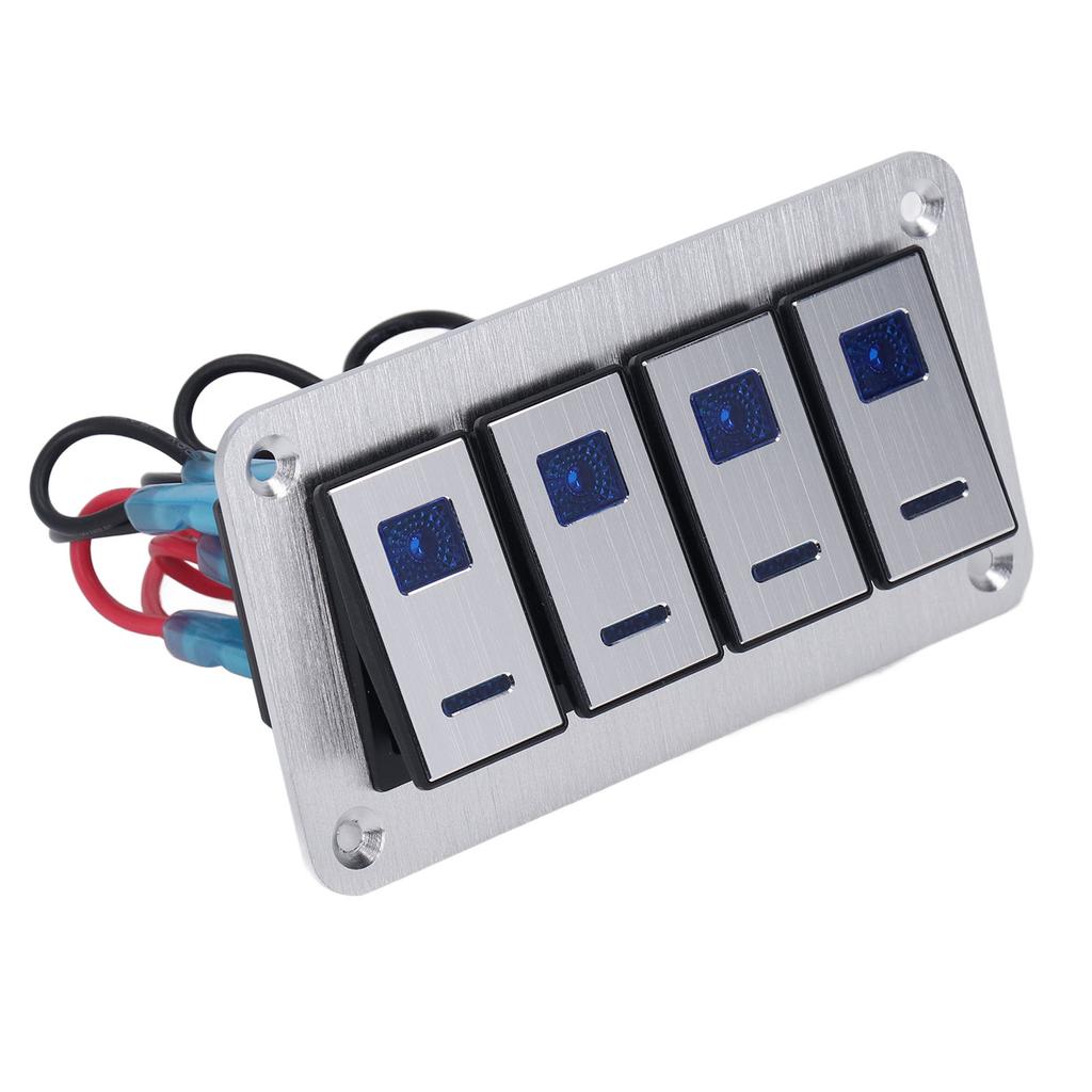 4 Gang Rocker Switch Panel 5Pin ON OFF SPST Blue Backlight Pre Wired Aluminum Alloy for Cars RVs Buses Trailers UTV