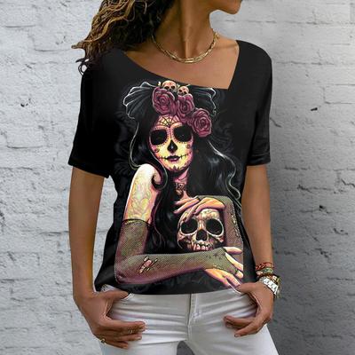 Women's T Shirt Vintage Skull 3D Printed V-neck Blouses Casual Short Sleeve Pullover Tops Summer Oversized Harajuku Clothes Tees