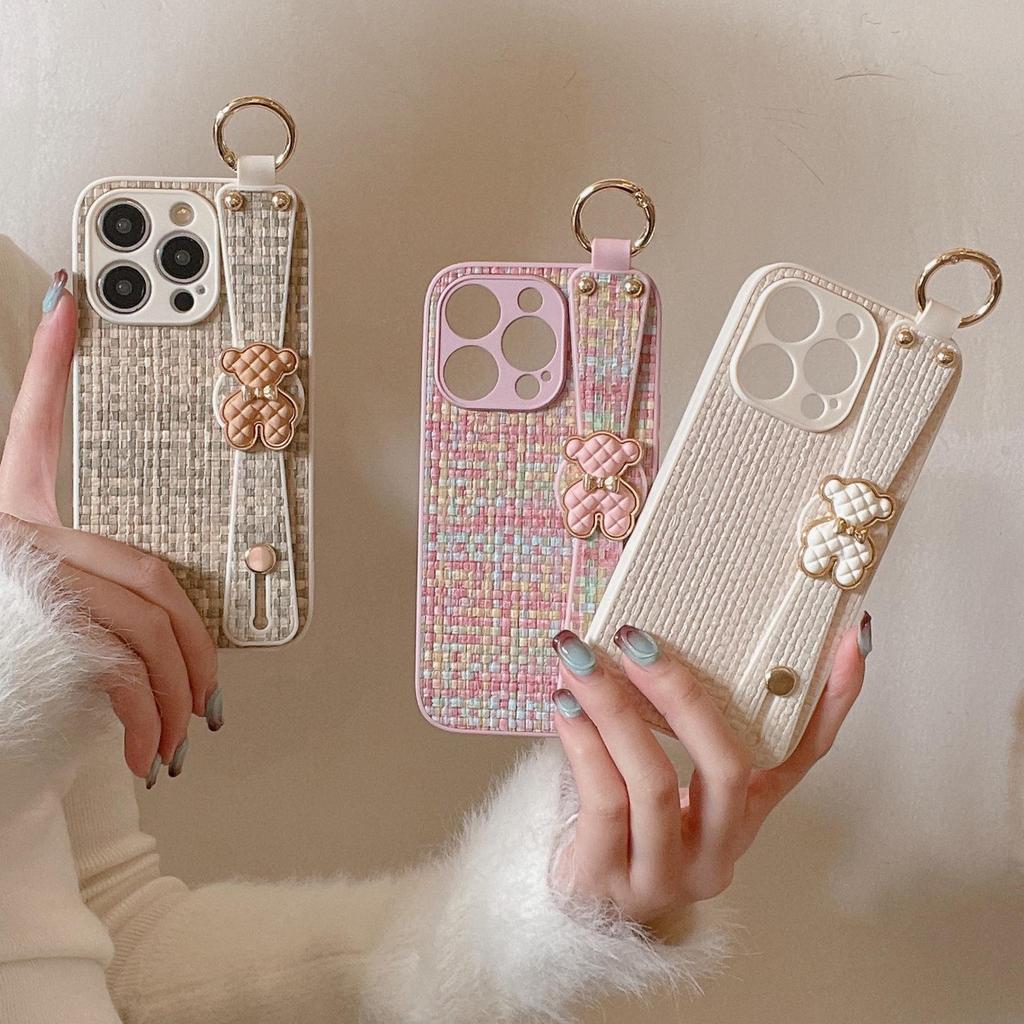 Compatible with Apple 16 Pro Max Case, Apple 14 Plaid Weave, 13 Bear Wrist Strap, 11 Protective Case, Women's 12 Case.