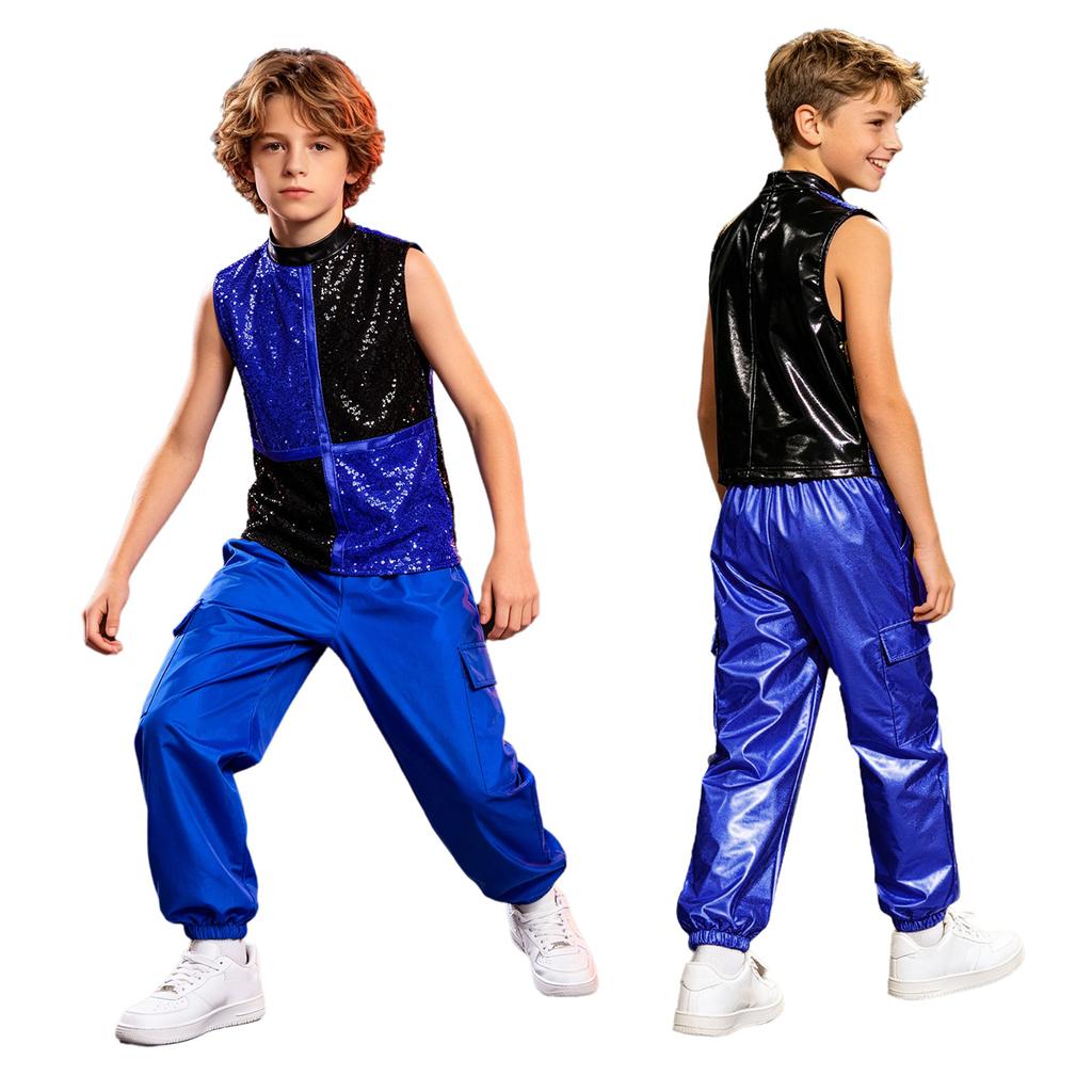 Boys Metallic Jazz Dance Costume Mock Neck Sleeveless Back Zipper Shiny Sequins Color Block Top Cargo Pants