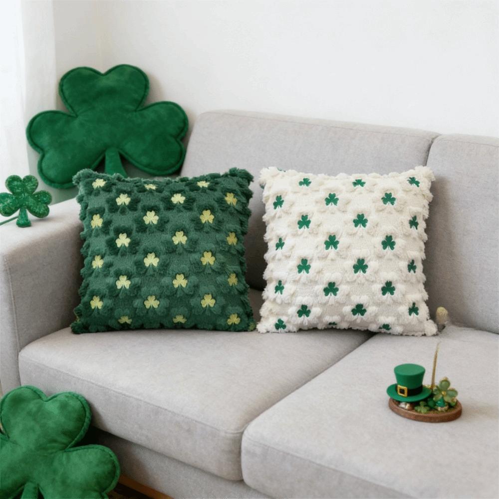 Practical Tufted St. Patrick'S Day Cushion Cover Zipped Embroidery Lucky Clover Pillowcase Square Shamrock Pillow Cover Bed Room