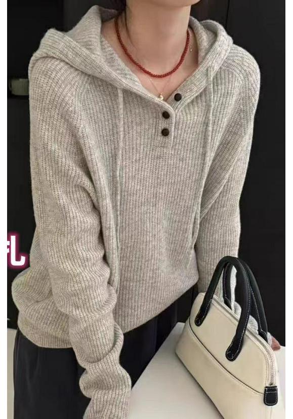 2025 Autumn/Winter Women's Korean Style Three-Button Loose Knit Hoodie Sweater