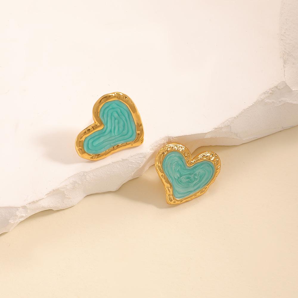 Japan and Korea simple design love stud earrings niche versatile hollow earrings stainless steel dripping oil cold wind women's earrings