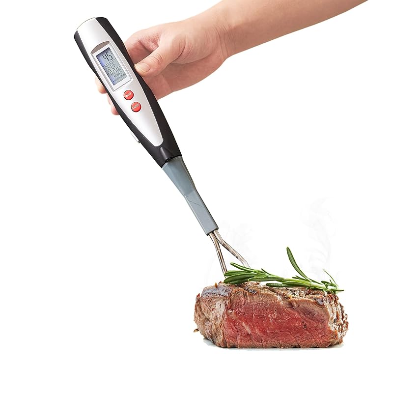 80-09 Digital Meat Instant Read Thermometer with LED Screen and Ready Alarm, Kitchen Probe with Long Fork for Grilling, Barbecue and Cookin, l,
