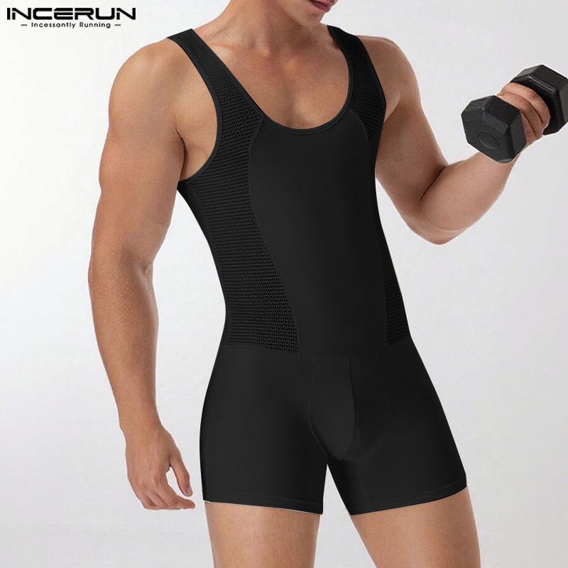 INCERUN Men Strap Sleeve Hollow Out Fitted Pajamas Jumpsuits See Through Romper Bodysuits Underwear