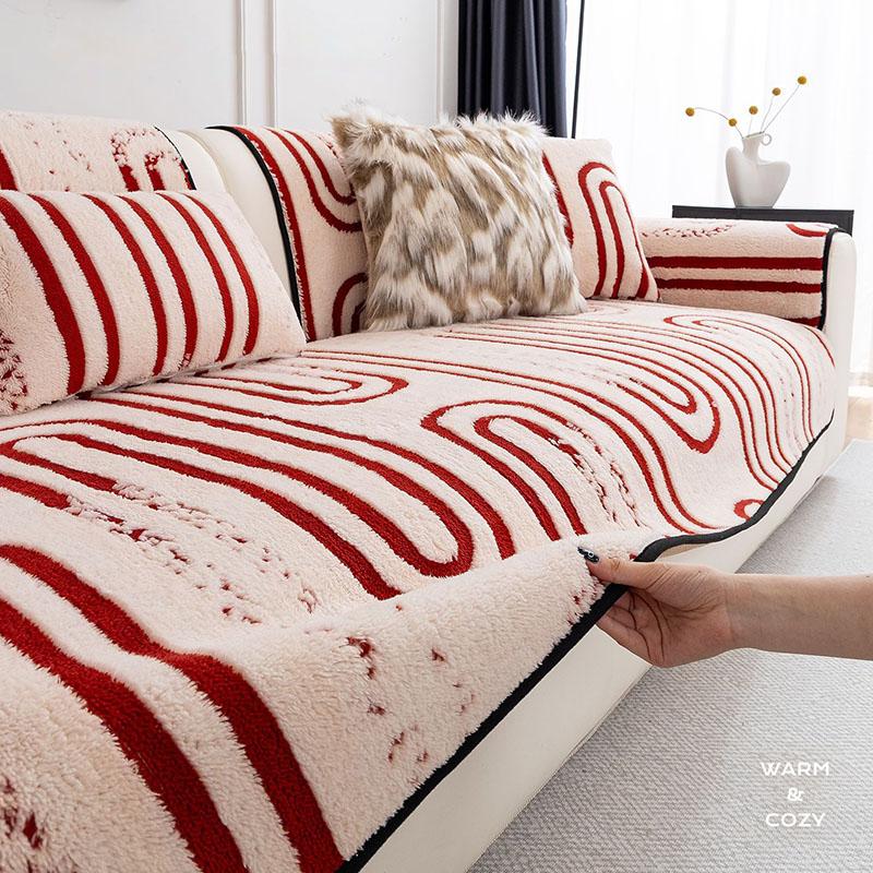 European Striped Jacquard Plush Sofa Cushion Simple Fashion Non-Slip Sofa Cover for Living Room Keep Warm Dustproof Couch Covers