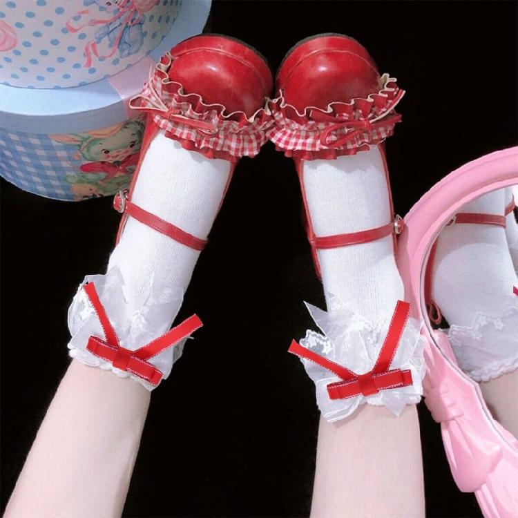 Calzini da Caviglia da Donna con Fiocco Dolce e Nodo Giapponese Carino con Pizzo Arricciato in Cotone