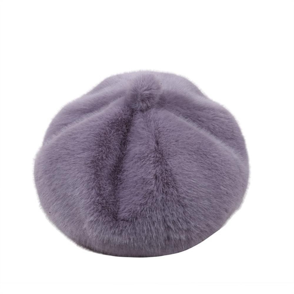 Elegant Vintage Beret Hat Solid Color Fluffy Texture Fur Beret Cap Warm Octagonal Hat for Winter Season